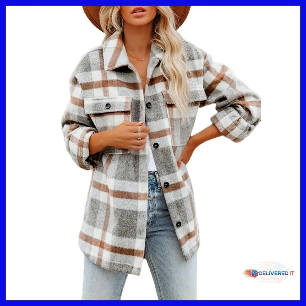 Oversized Flannel Shacket Button Down Shirt Jacket with Pockets